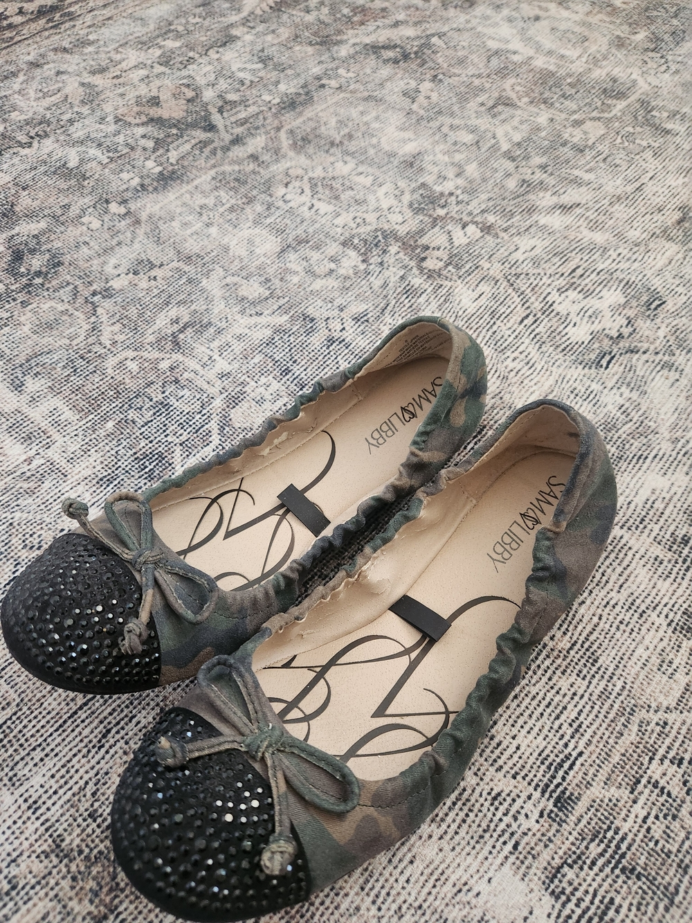 SAM & LIBBY Green Camo Ballet Flats with Black Studded Toe